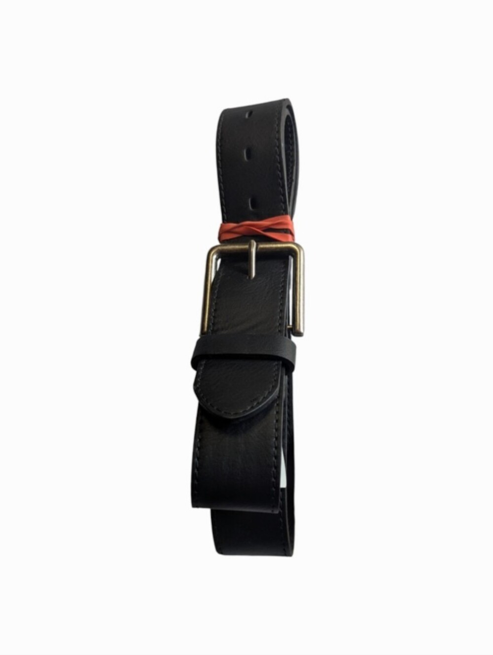 Source Unknown Black Leather Belt with Brass-Tone Buckle and Red Accent